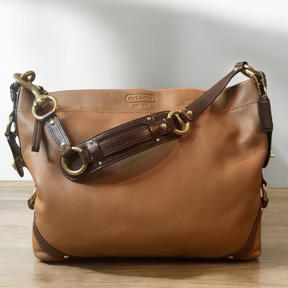 COACH Carly Hobo Shoulder Bag Camel & Brown Leather Gold Hardware EUC